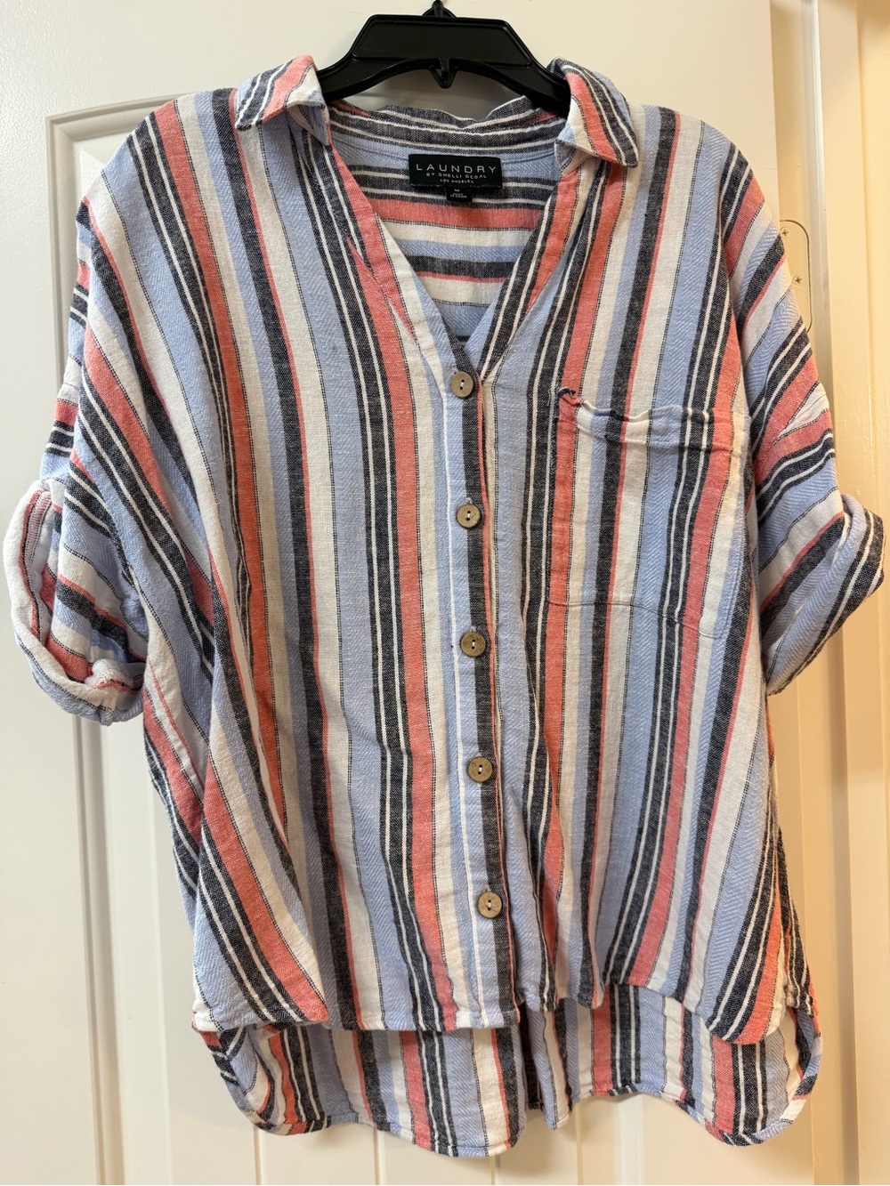 Laundry By Shelli Segal Striped Button-Front Shirt in Blue, Coral, Black, White